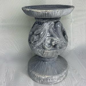 Carved Candle Holder Grey Distressed Shabby Chic 6” Cottage Core Hand Painted